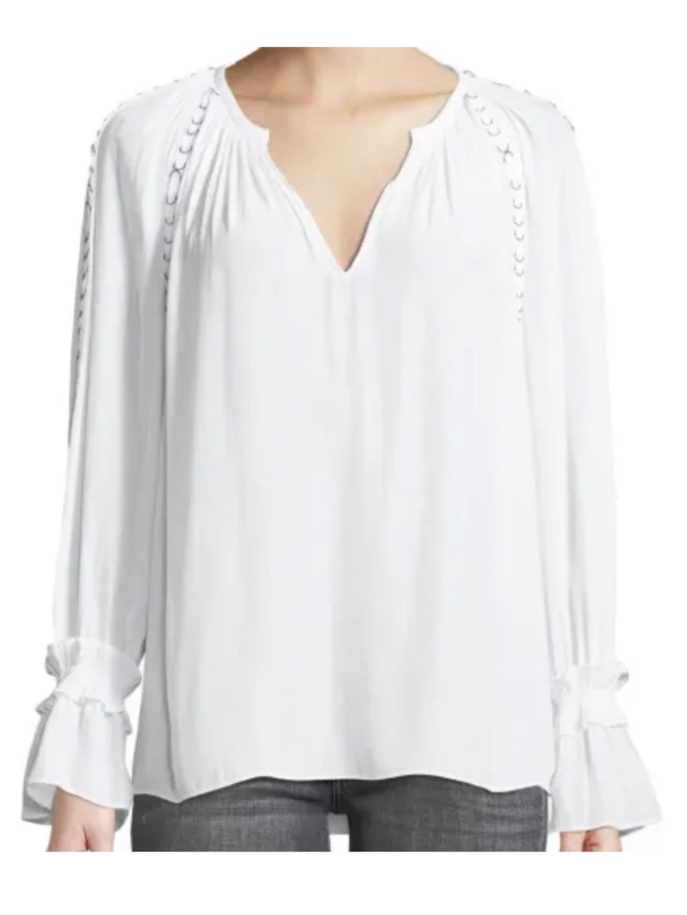 Ramy Brook Shelia Top White V Neck long sleeve with grommet trim size Small